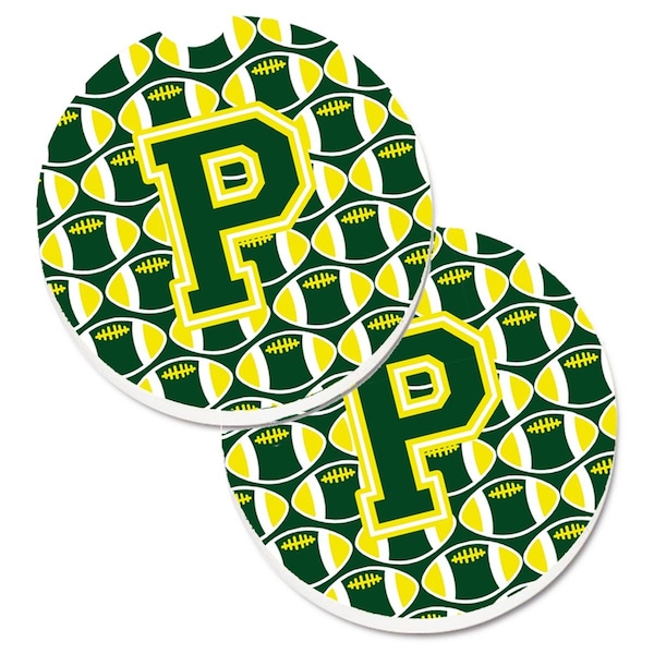 Carolines Treasures Letter P Football Green and Yellow Set of 2 Cup Holder Car Coaster CJ1075-PCARC - main
